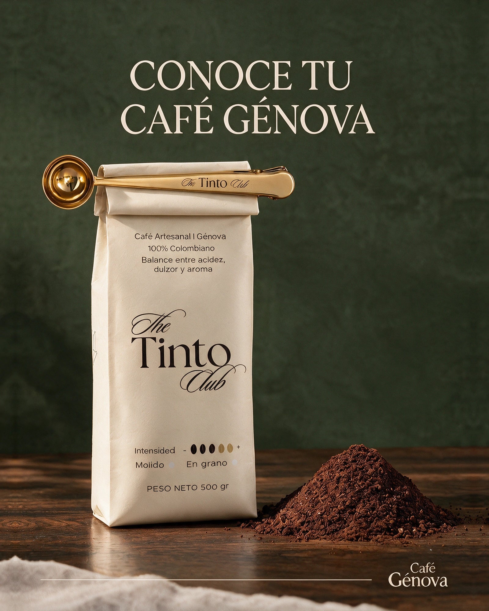 Café Génova molido acompañado de café servido y café molido