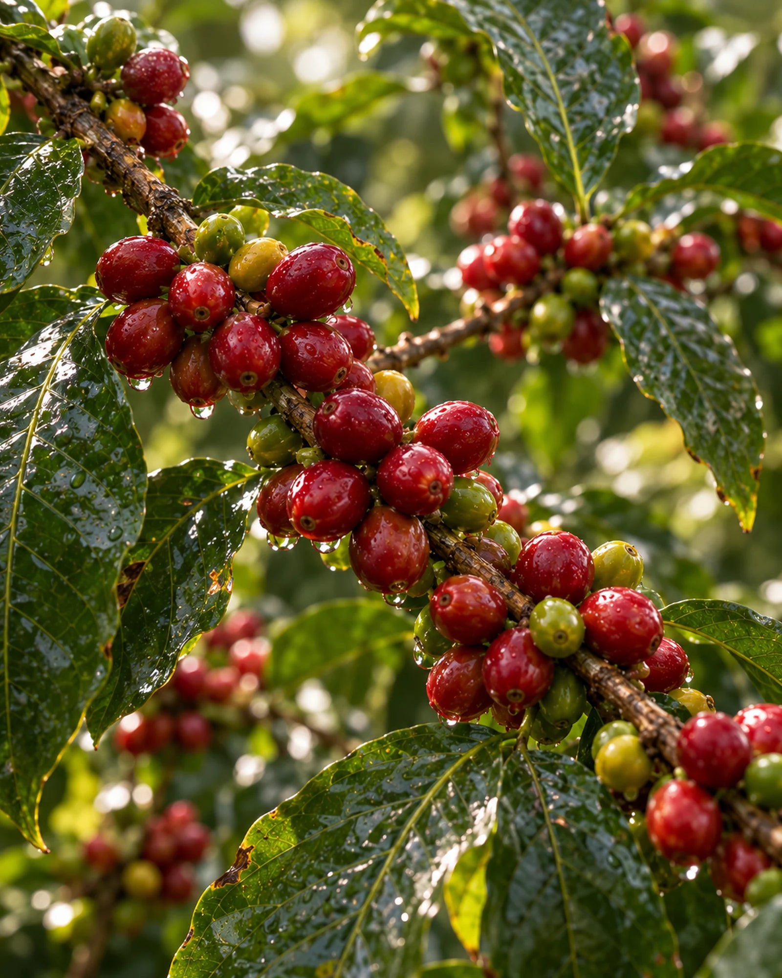 Rama de cafeto con cerezas; imagen botánica ilustrativa